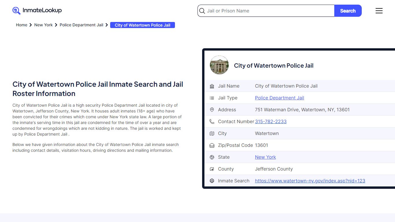 City of Watertown Police Jail (NY) Inmate Search New York - Inmate Lookup