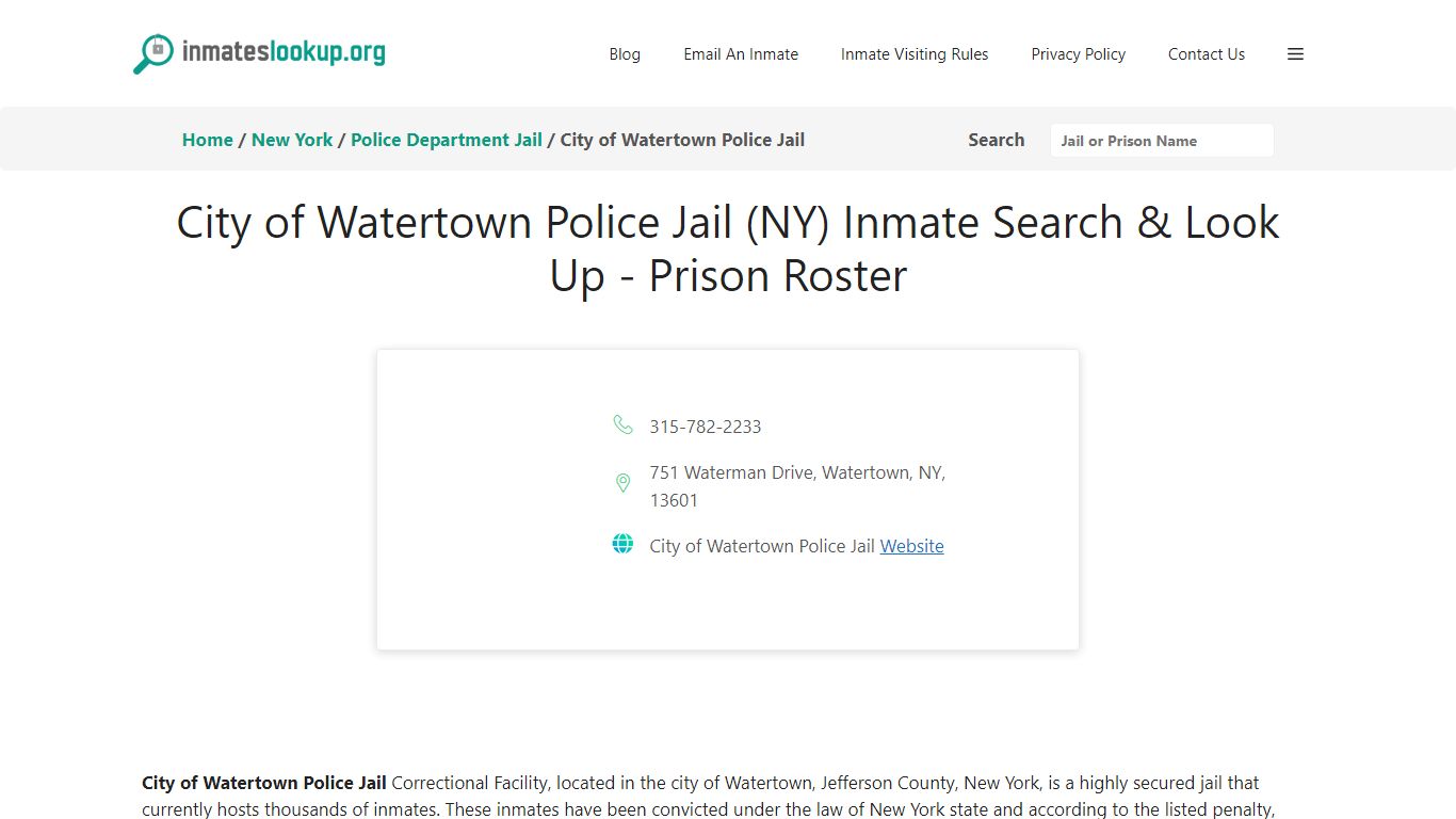 City of Watertown Police Jail (NY) Inmate Search & Look Up - Inmate Lookup